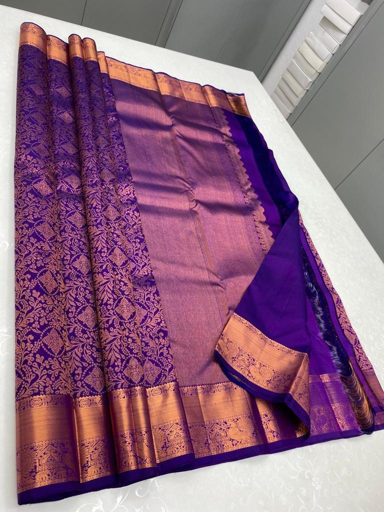 Kanjivaram Saree in Royal Purple with Zari Border - Outfit Odessey