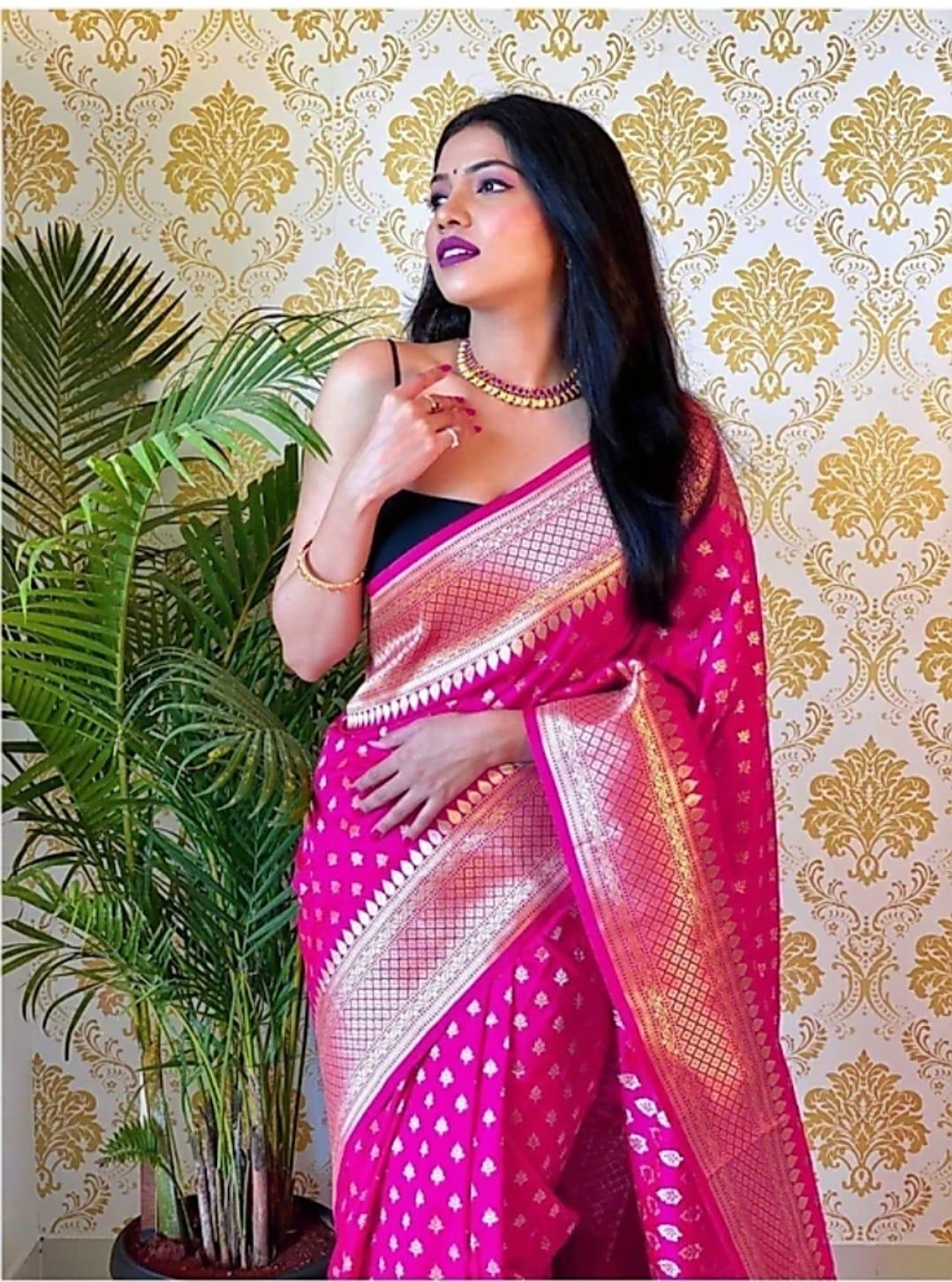 Rani Pink Banarasi Saree with Exquisite Zari Bindi Work - Outfit Odessey