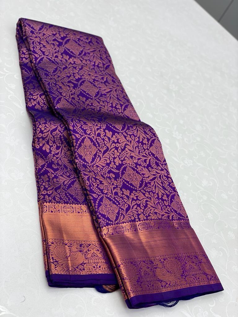 Kanjivaram Saree in Royal Purple with Zari Border - Outfit Odessey