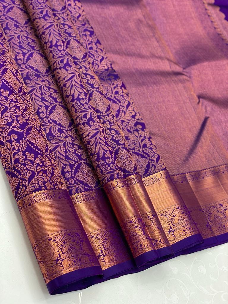 Kanjivaram Saree in Royal Purple with Zari Border - Outfit Odessey