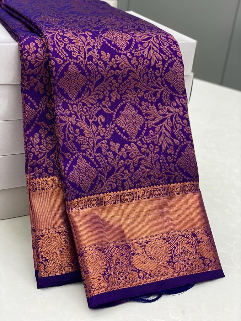 Kanjivaram Saree in Royal Purple with Zari Border - Outfit Odessey