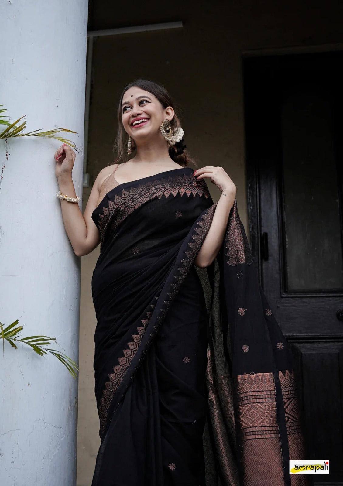 Black Kanjivaram Silk Saree with Subtle Floral Accents for Timeless Grace - Outfit Odessey