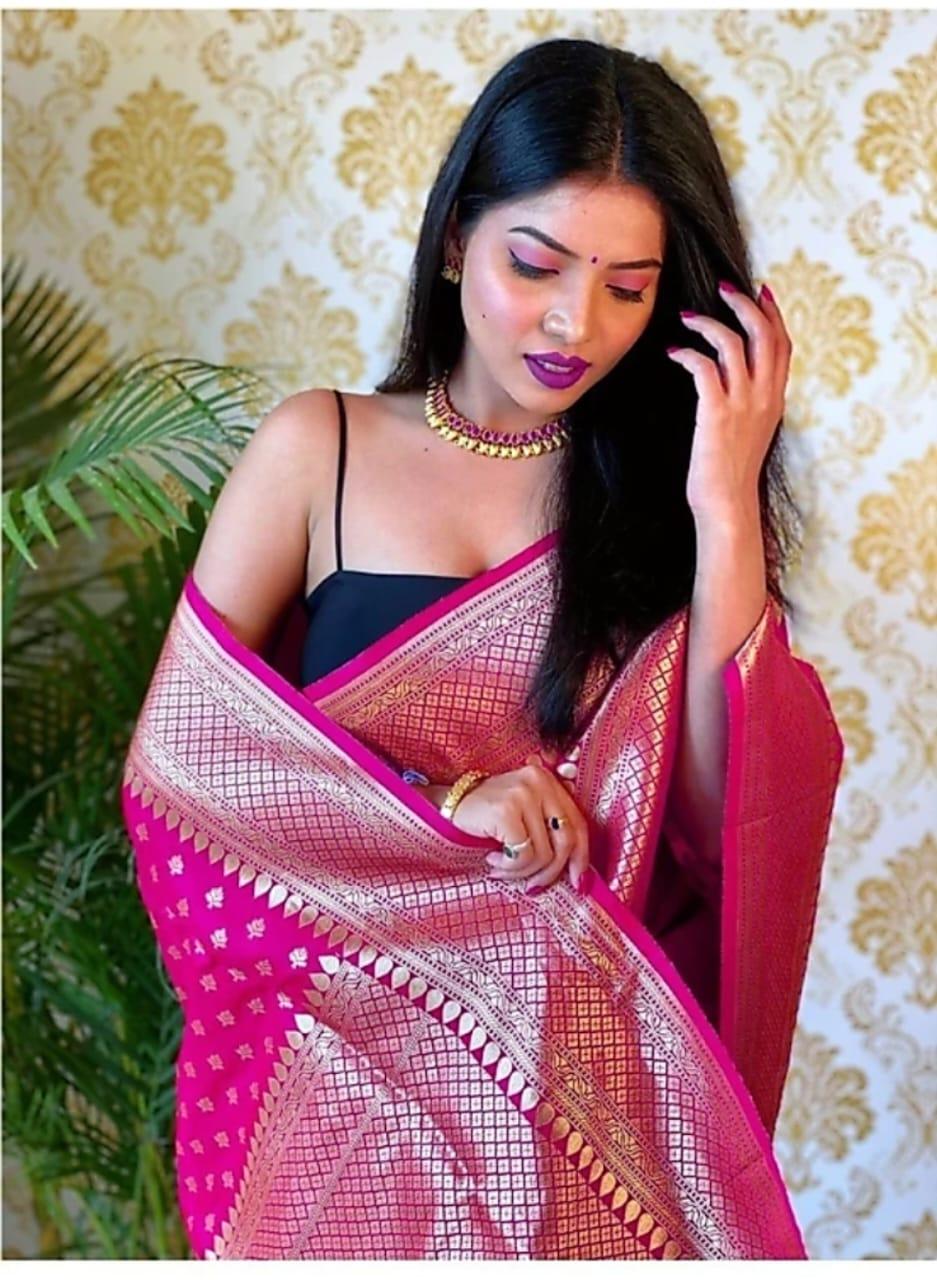 Rani Pink Banarasi Saree with Exquisite Zari Bindi Work - Outfit Odessey