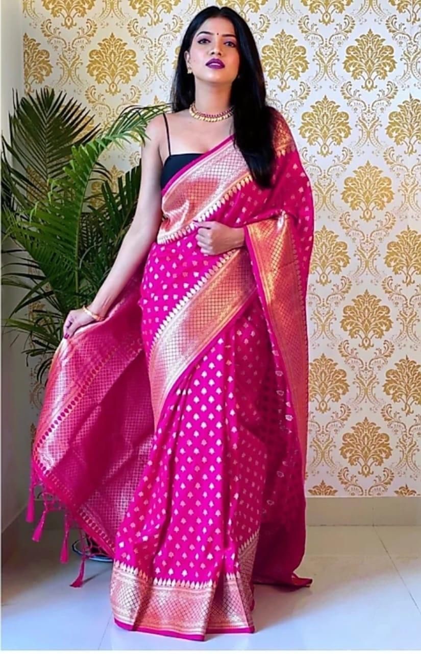 Rani Pink Banarasi Saree with Exquisite Zari Bindi Work - Outfit Odessey