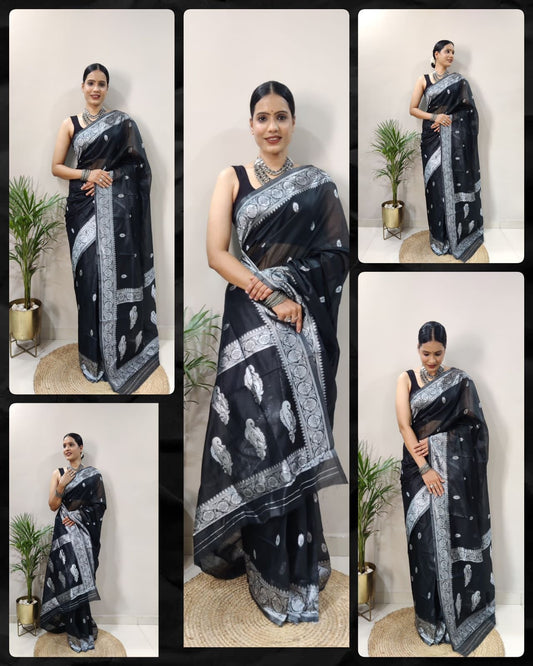 Noir Simplicity: Black Cotton Saree with Silver Butti and Pan Patta