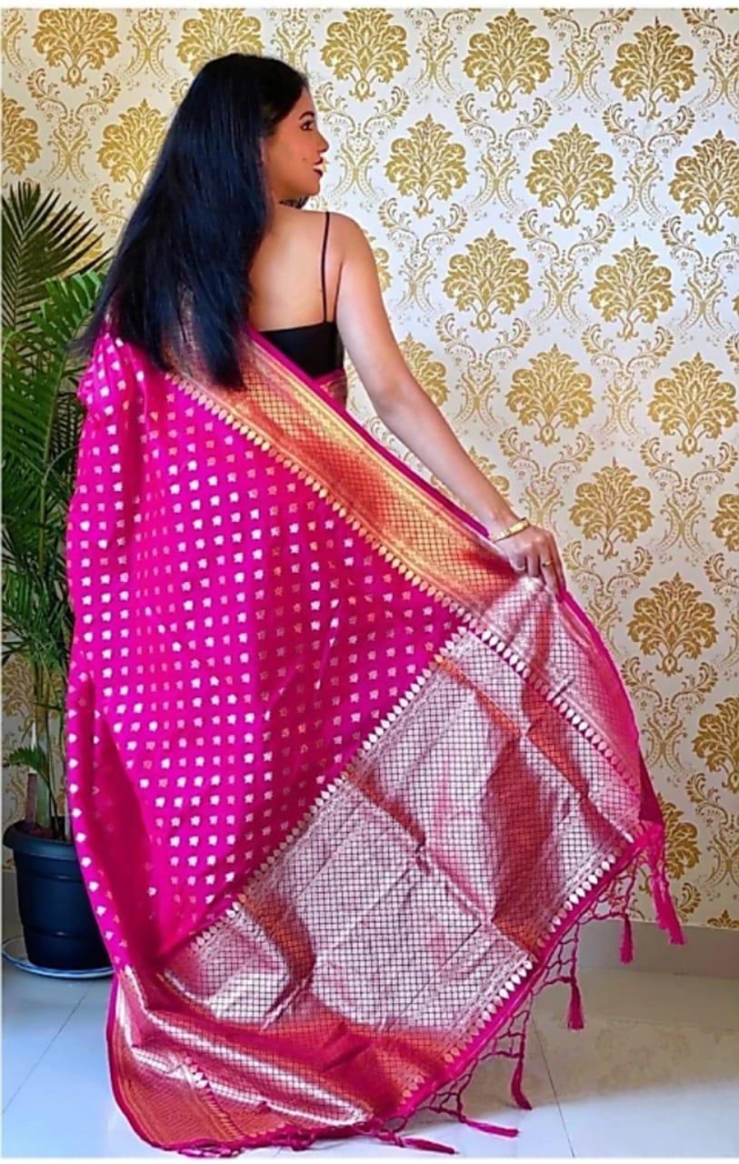 Rani Pink Banarasi Saree with Exquisite Zari Bindi Work - Outfit Odessey