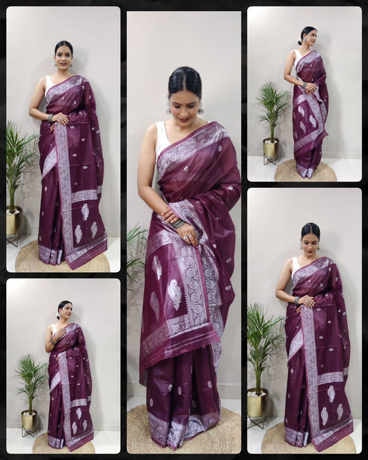 Lilac Elegance: Wine Cotton Saree with Silver Butti and Pan Patta