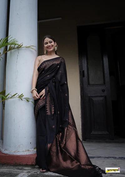 Black Kanjivaram Silk Saree with Subtle Floral Accents for Timeless Grace - Outfit Odessey