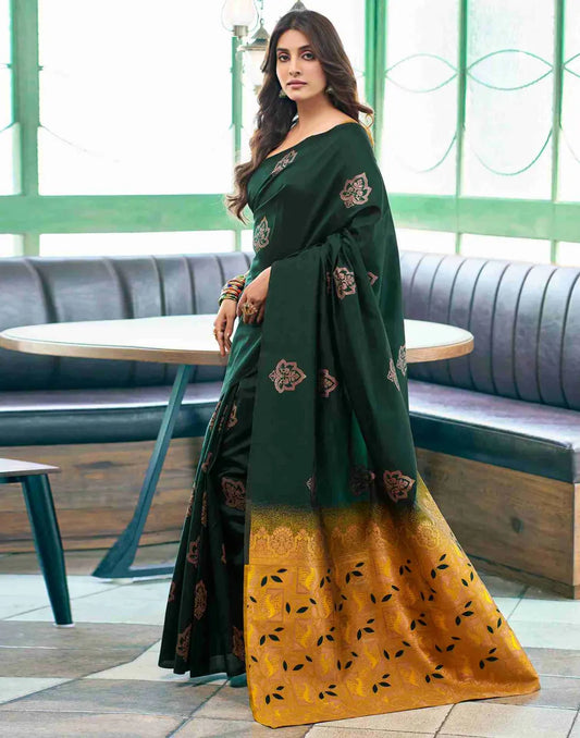 Luxurious Green and Yellow Printed Silk Saree