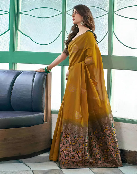 Elegant Mustard Printed Silk Saree