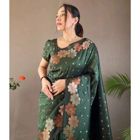 Enchanting Green Silk Saree with Delightful Floral Weave 🌸