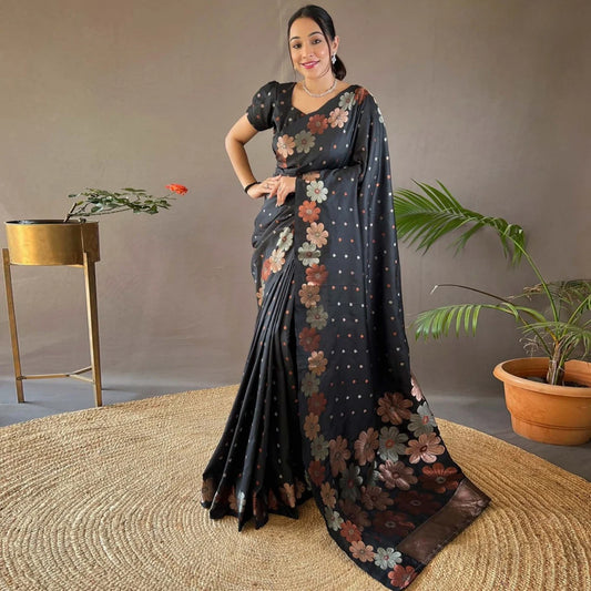 Elegant Black Banarasi Silk Saree with Floral Weave Design 🌸