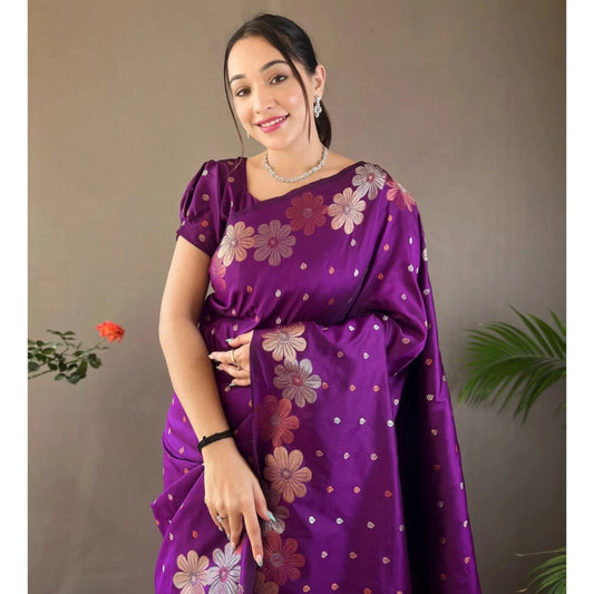 Vibrant Purple Silk Saree with Delightful Floral Weave 🌸