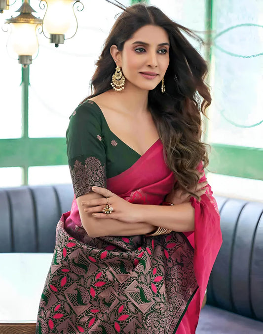 Ravishing Pink Printed Silk Saree