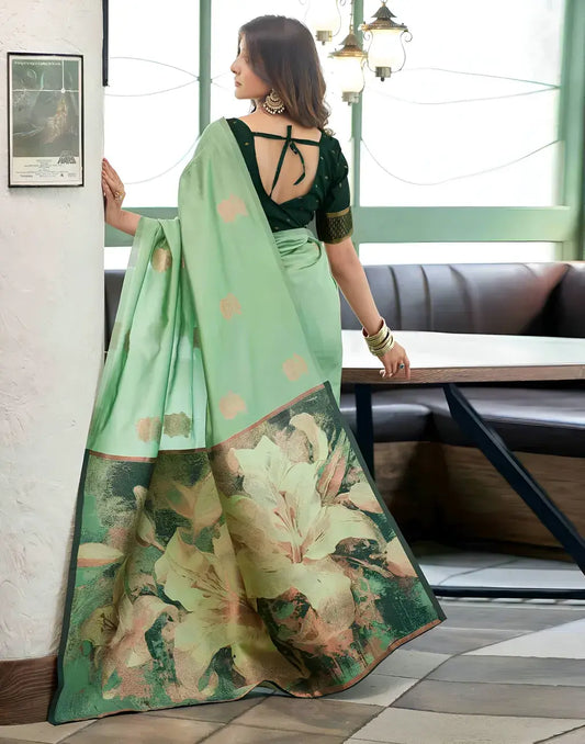 Exquisite Pista Green Floral Printed Silk Saree for Special Occasions