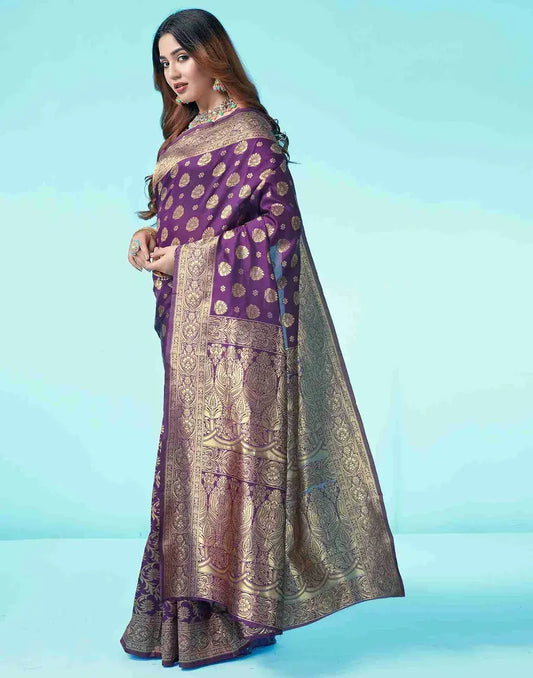 Purple Kanjivaram Silk Saree with Gold Zari Work for Weddings