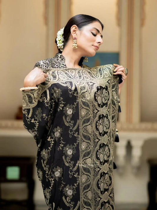 Regal Black Color Silk Saree with Gold Embroidery for woman