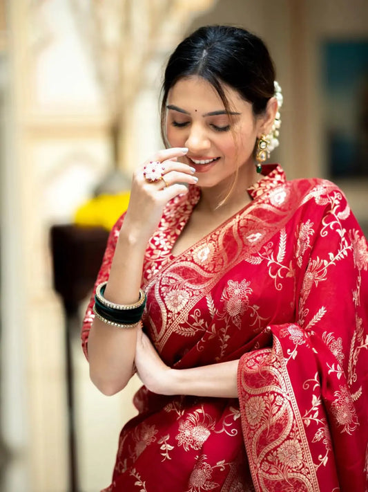 Regal Tomato Red Silk Saree with Gold Embroidery for woman