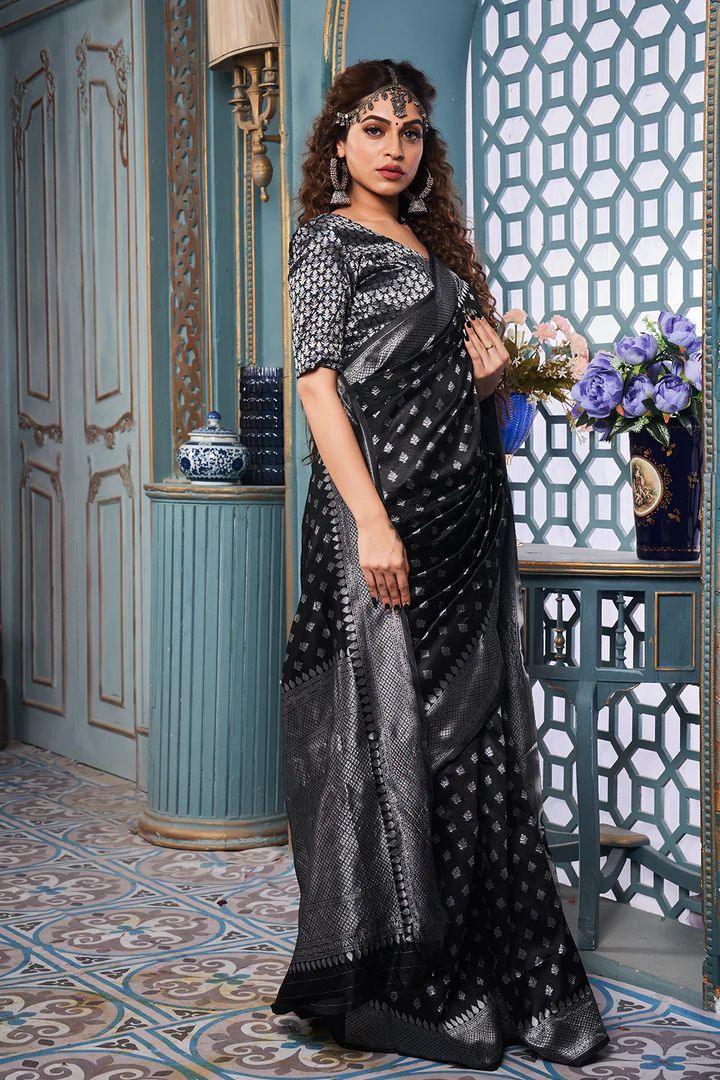 Captivating Black: Enchanting Bindi Design Saree for Timeless Grace - Outfit Odessey