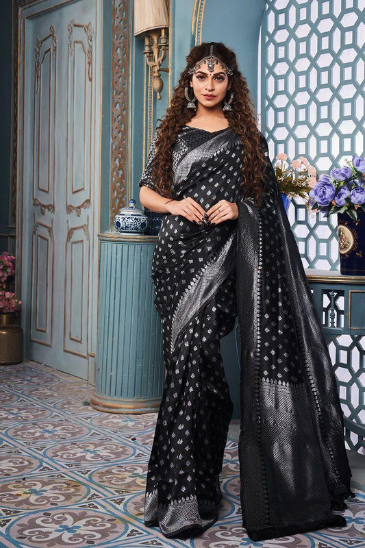 Captivating Black: Enchanting Bindi Design Saree for Timeless Grace - Outfit Odessey