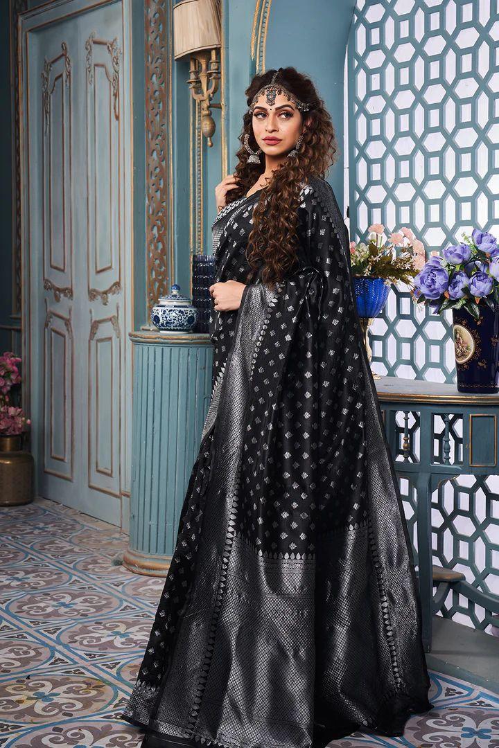 Captivating Black: Enchanting Bindi Design Saree for Timeless Grace - Outfit Odessey