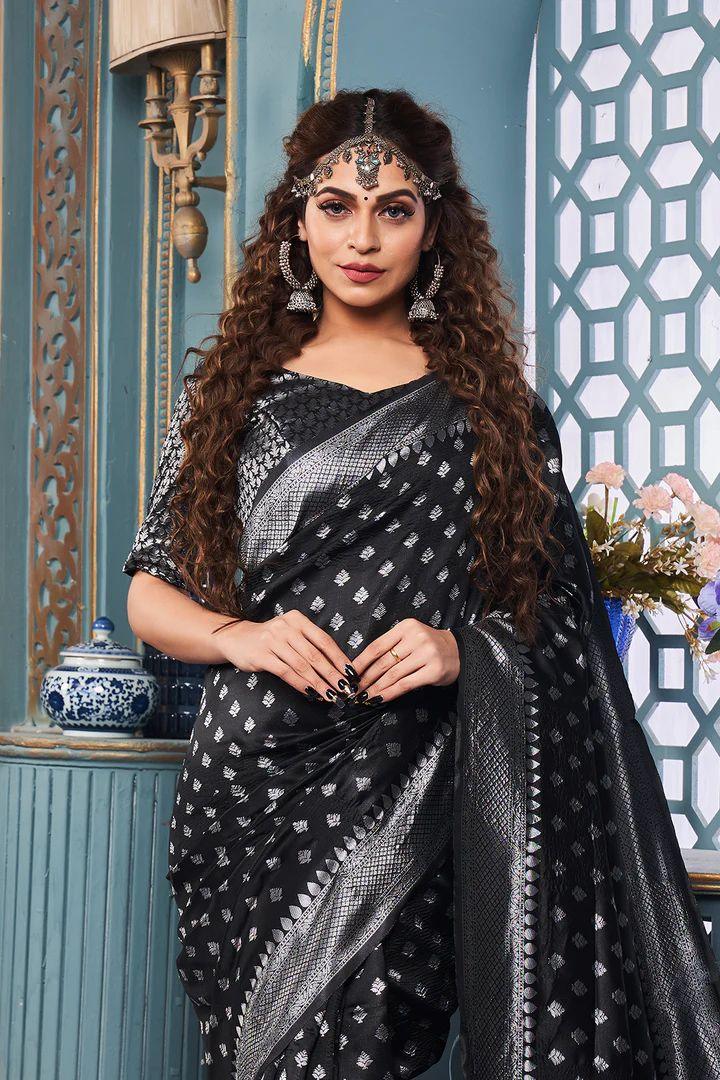 Captivating Black: Enchanting Bindi Design Saree for Timeless Grace - Outfit Odessey