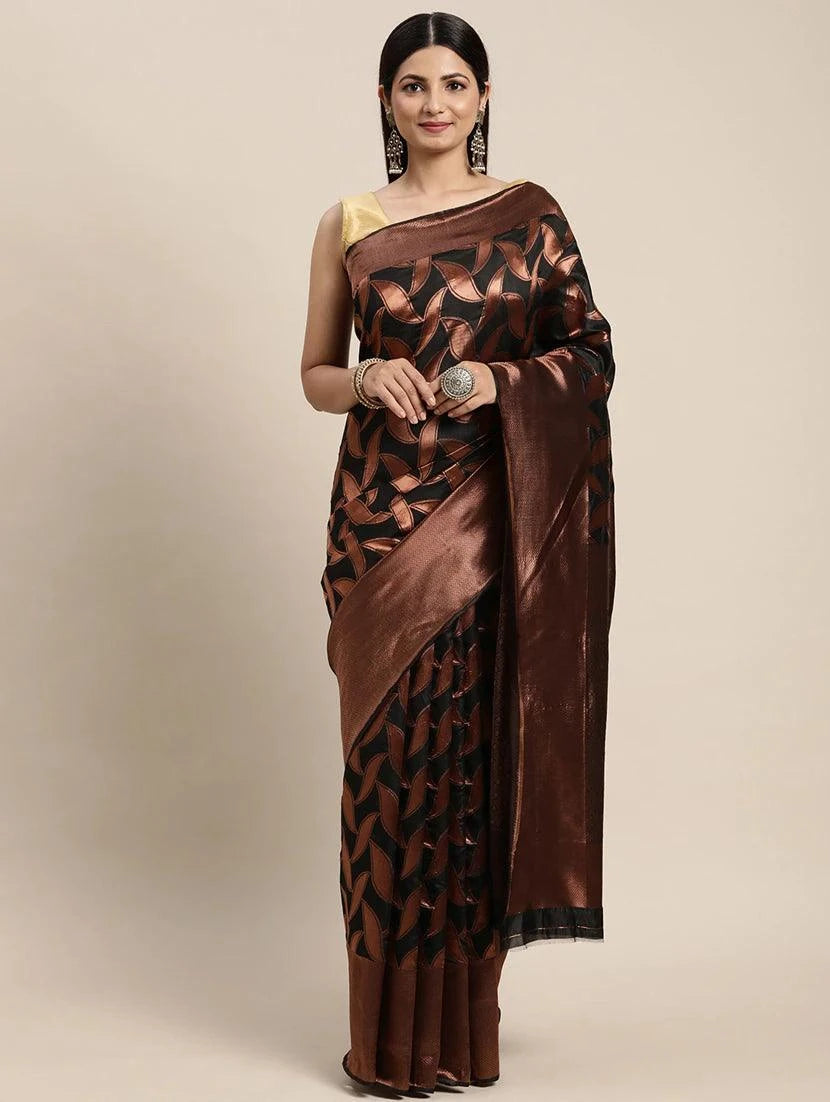 Black Saree with Golden Buti and Paisley Patti Design - Outfit Odessey