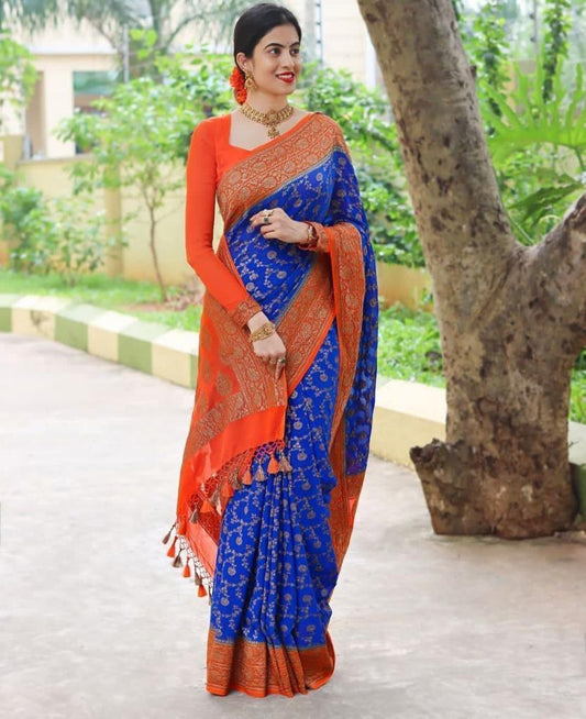 Elegant Blue & Red Paisley Kanjivaram Silk Saree for Timeless Charm - Outfit Odessey