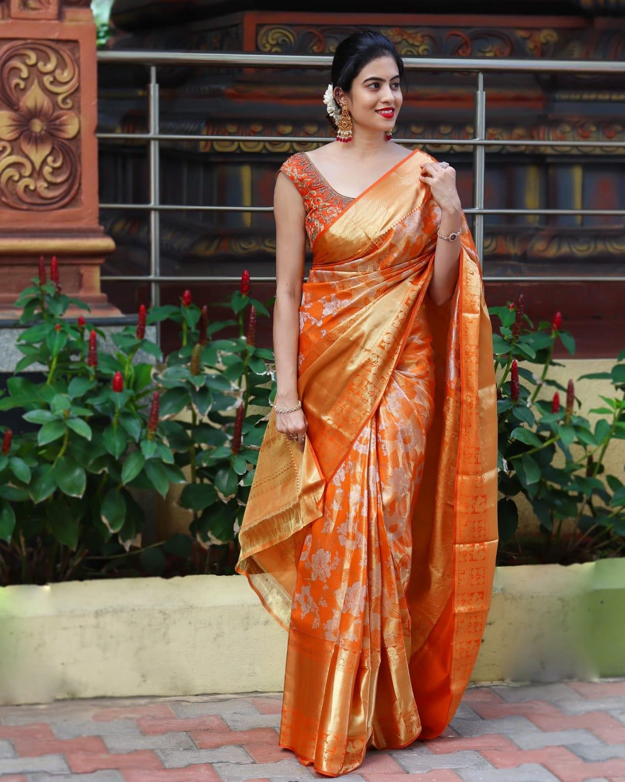 Elegant Orange Floral Kanjivaram Silk Saree for Radiant Charm - Outfit Odessey