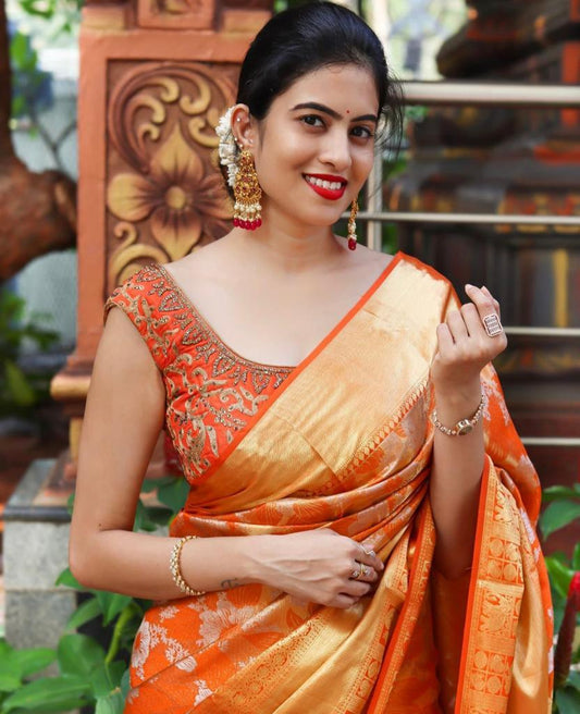 Elegant Orange Floral Kanjivaram Silk Saree for Radiant Charm - Outfit Odessey