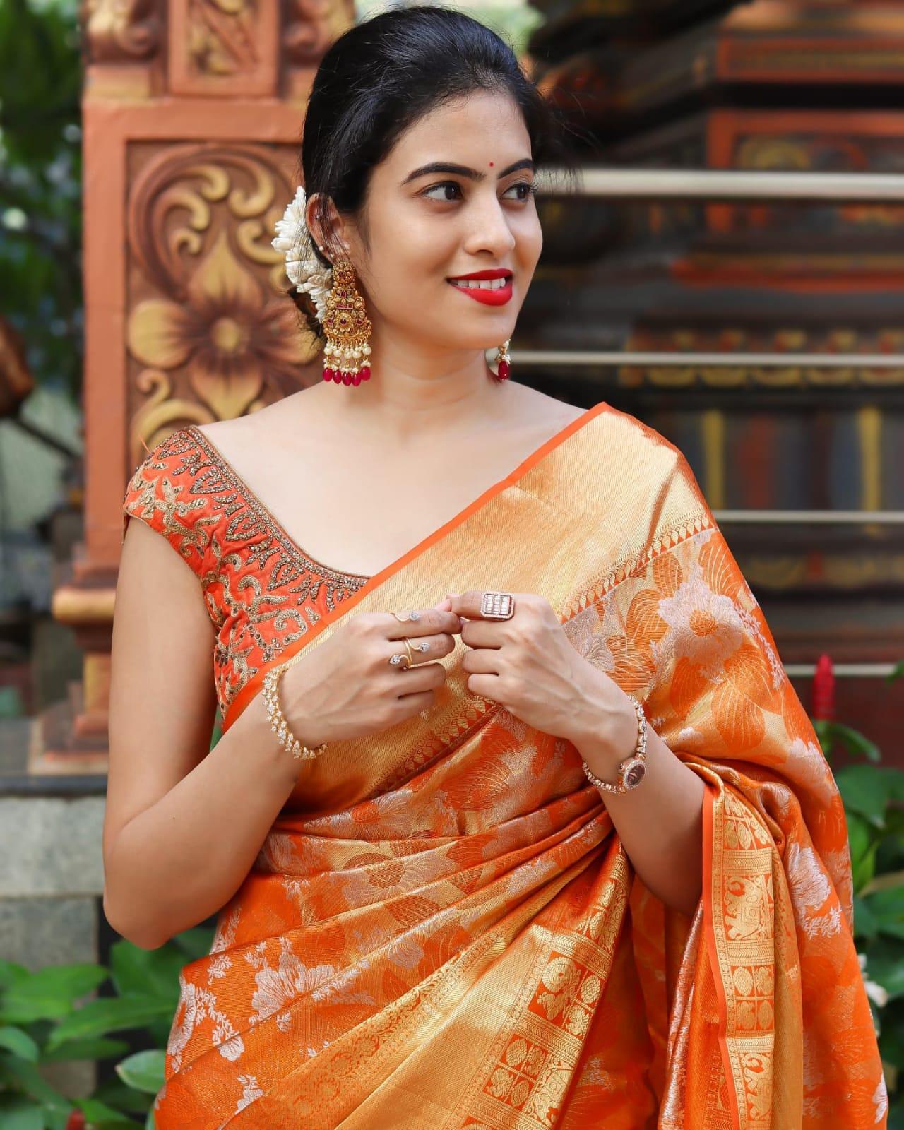 Elegant Orange Floral Kanjivaram Silk Saree for Radiant Charm - Outfit Odessey