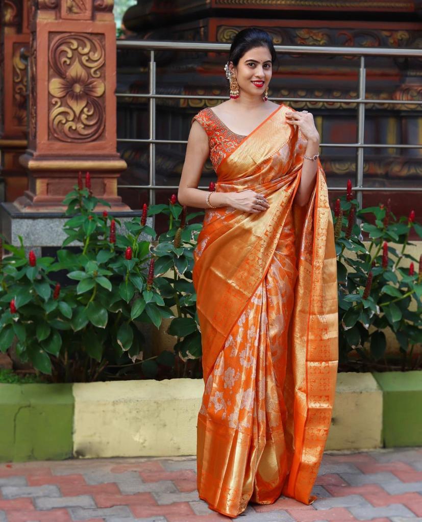 Elegant Orange Floral Kanjivaram Silk Saree for Radiant Charm - Outfit Odessey