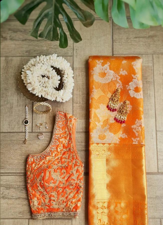 Elegant Orange Floral Kanjivaram Silk Saree for Radiant Charm - Outfit Odessey