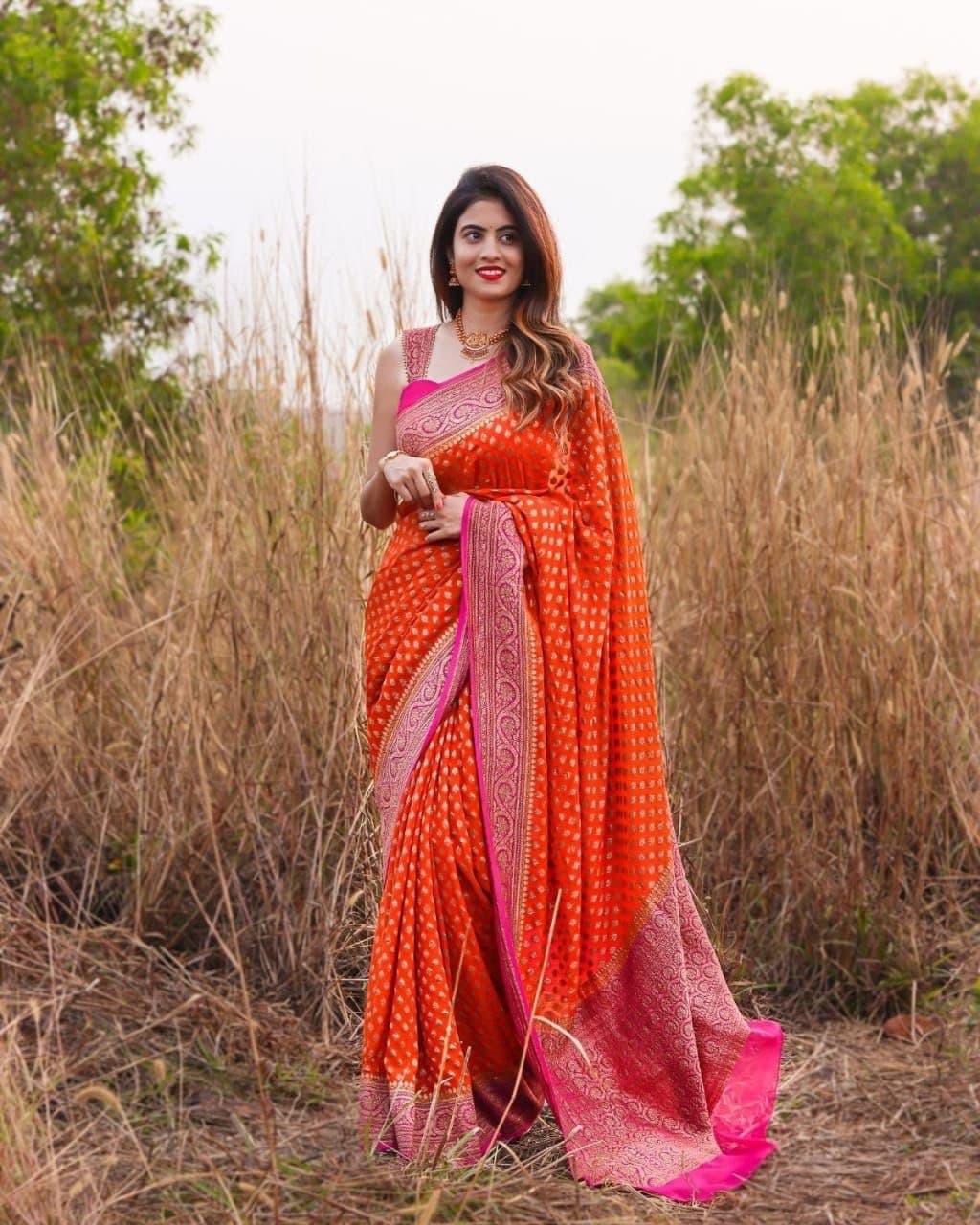 Orange Saree with Stunning Pink Patta - Outfit Odessey