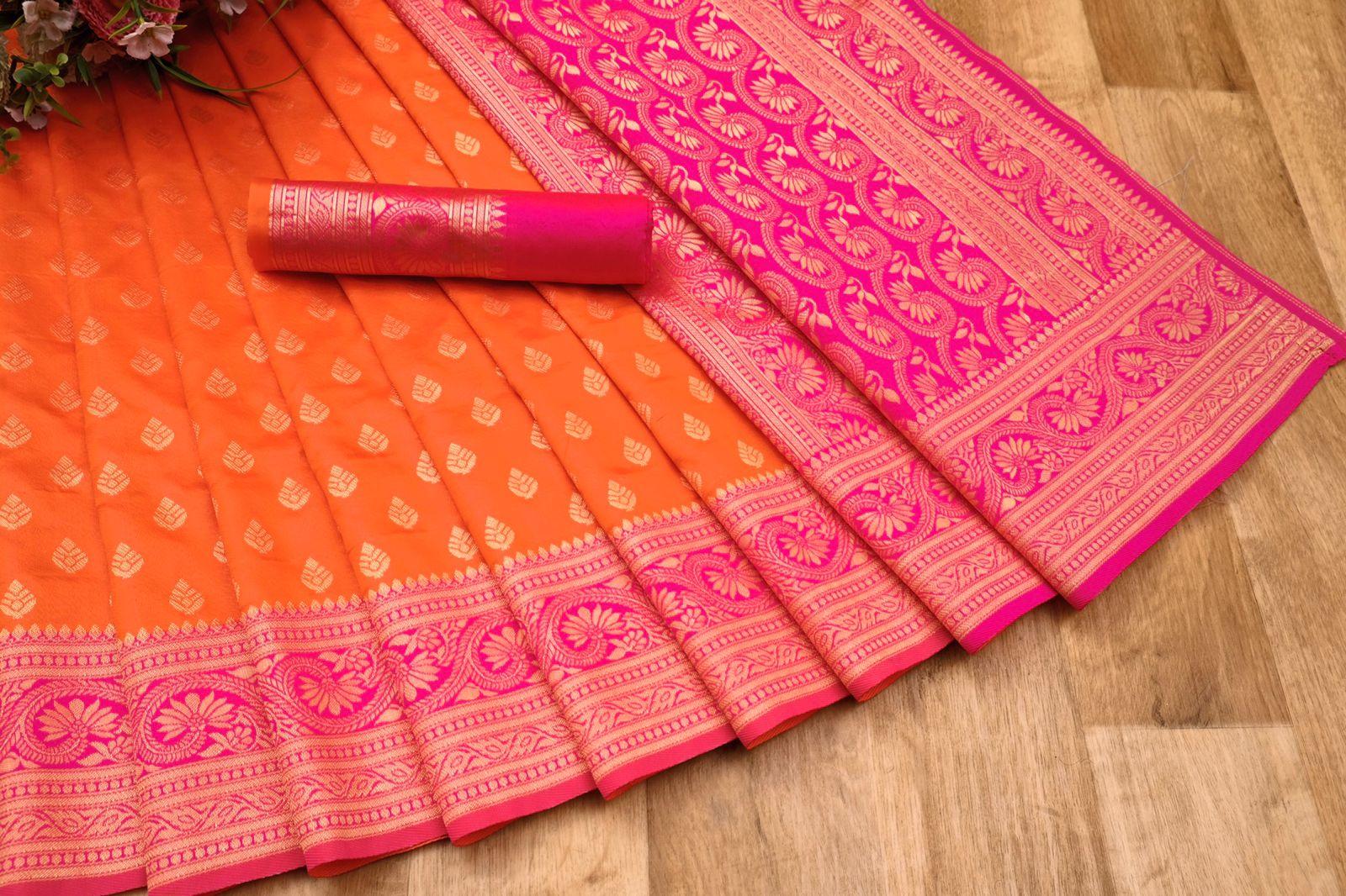 Orange Saree with Stunning Pink Patta - Outfit Odessey