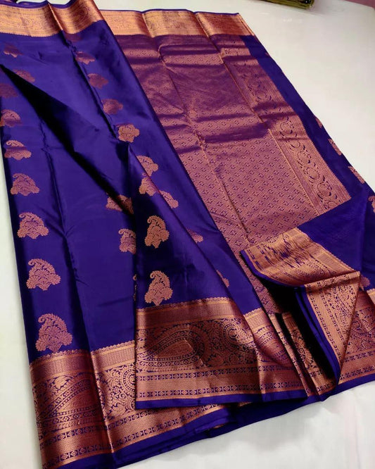 Enchanting Blue Kanjivaram Silk Saree with Delicate Leaf Zari Work - Outfit Odessey