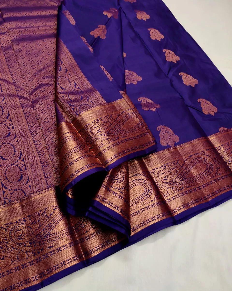 Enchanting Blue Kanjivaram Silk Saree with Delicate Leaf Zari Work - Outfit Odessey