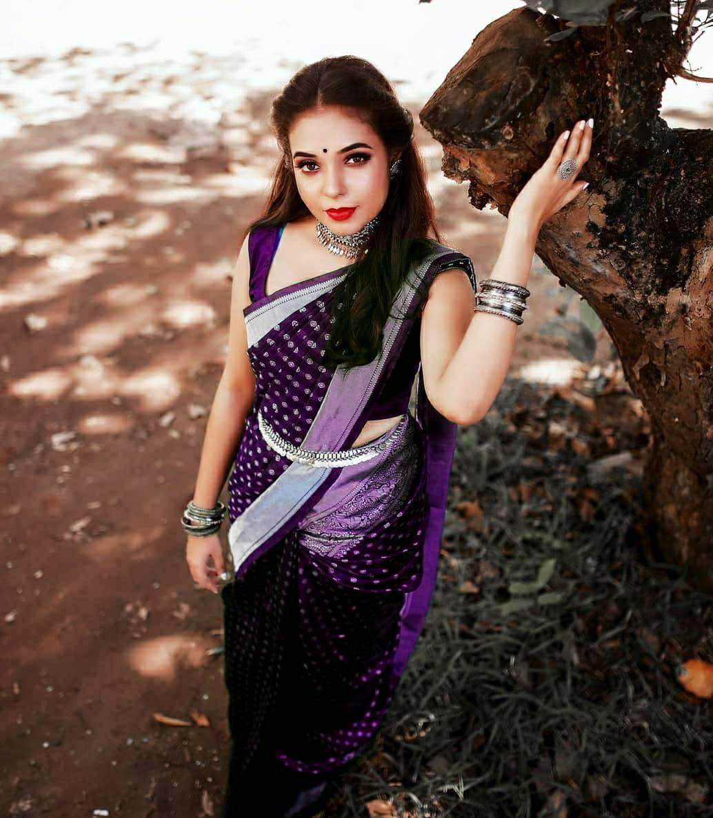 Deep Purple Silk Saree with Beautiful Bindi Work - Outfit Odessey