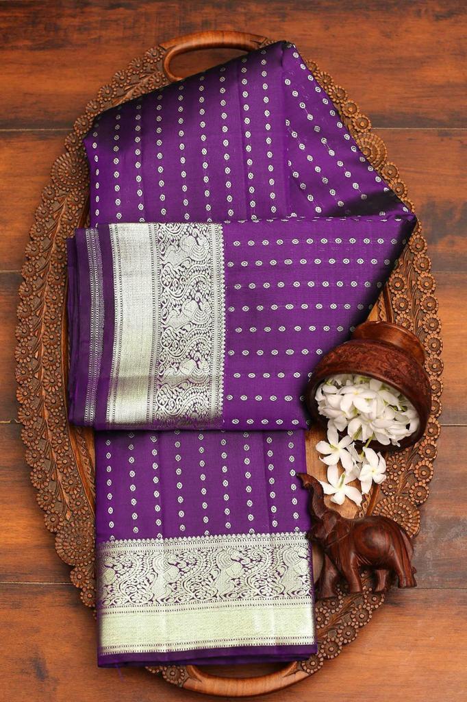 Deep Purple Silk Saree with Beautiful Bindi Work - Outfit Odessey