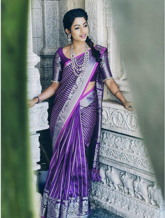 Royal Rani Purple Kanjivaram Silk Saree with Elegant Keri Design - Outfit Odessey