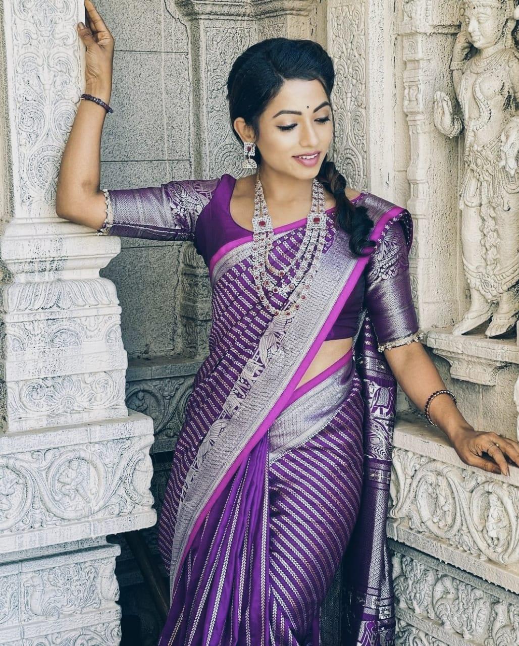 Royal Rani Purple Kanjivaram Silk Saree with Elegant Keri Design - Outfit Odessey