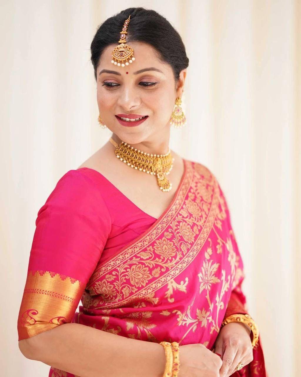 Enchanting Blush Pink Silk Saree with Blooming Zari Floral Motifs - Outfit Odessey