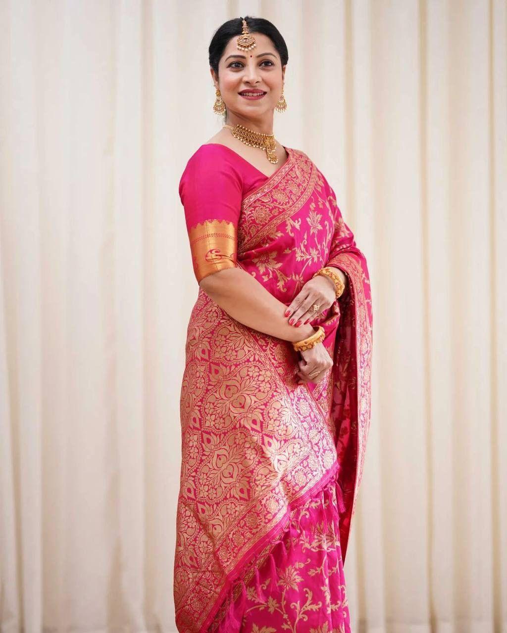 Enchanting Blush Pink Silk Saree with Blooming Zari Floral Motifs - Outfit Odessey