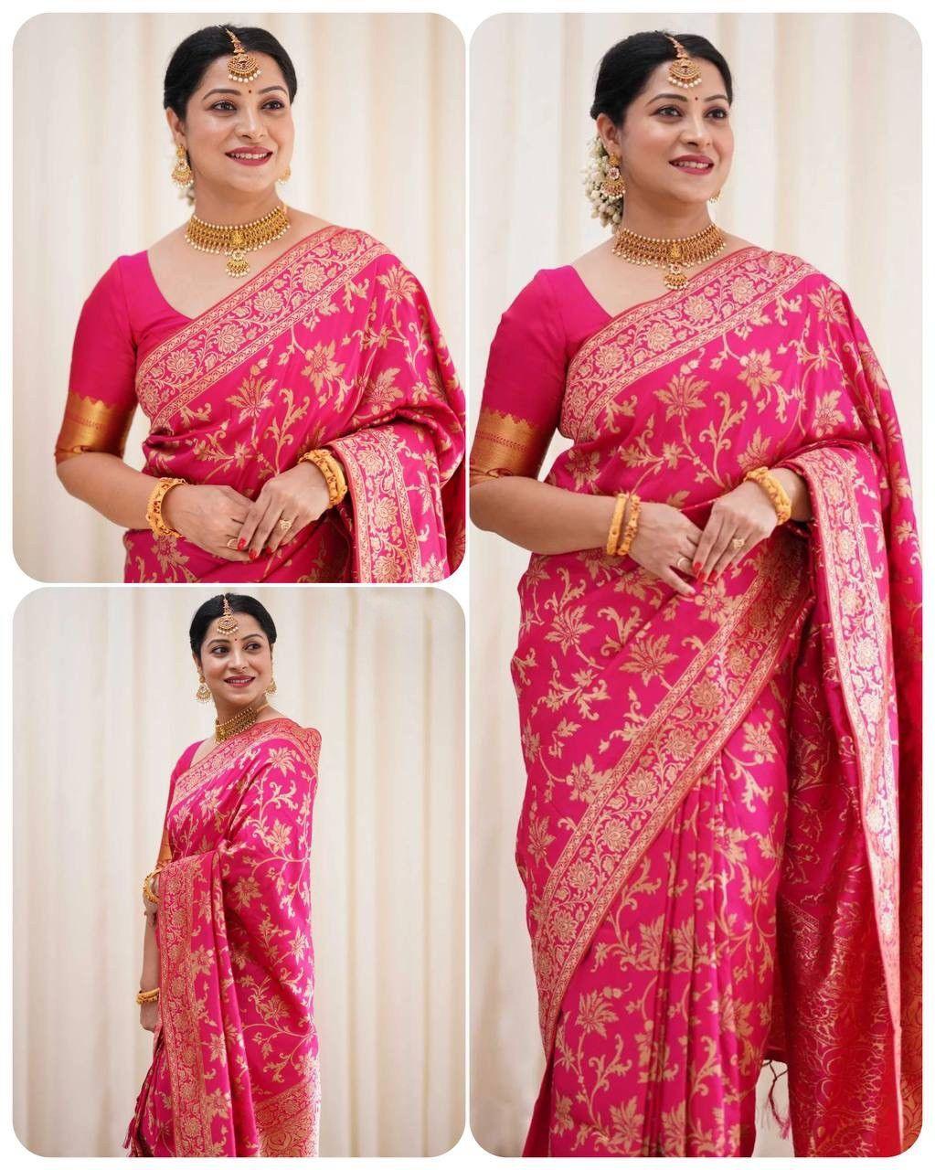 Enchanting Blush Pink Silk Saree with Blooming Zari Floral Motifs - Outfit Odessey