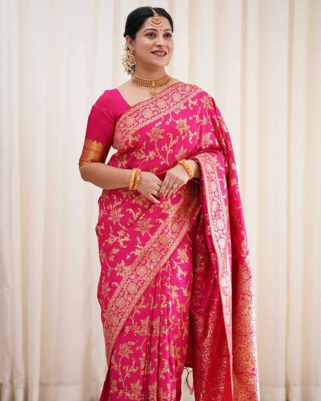 Enchanting Blush Pink Silk Saree with Blooming Zari Floral Motifs - Outfit Odessey