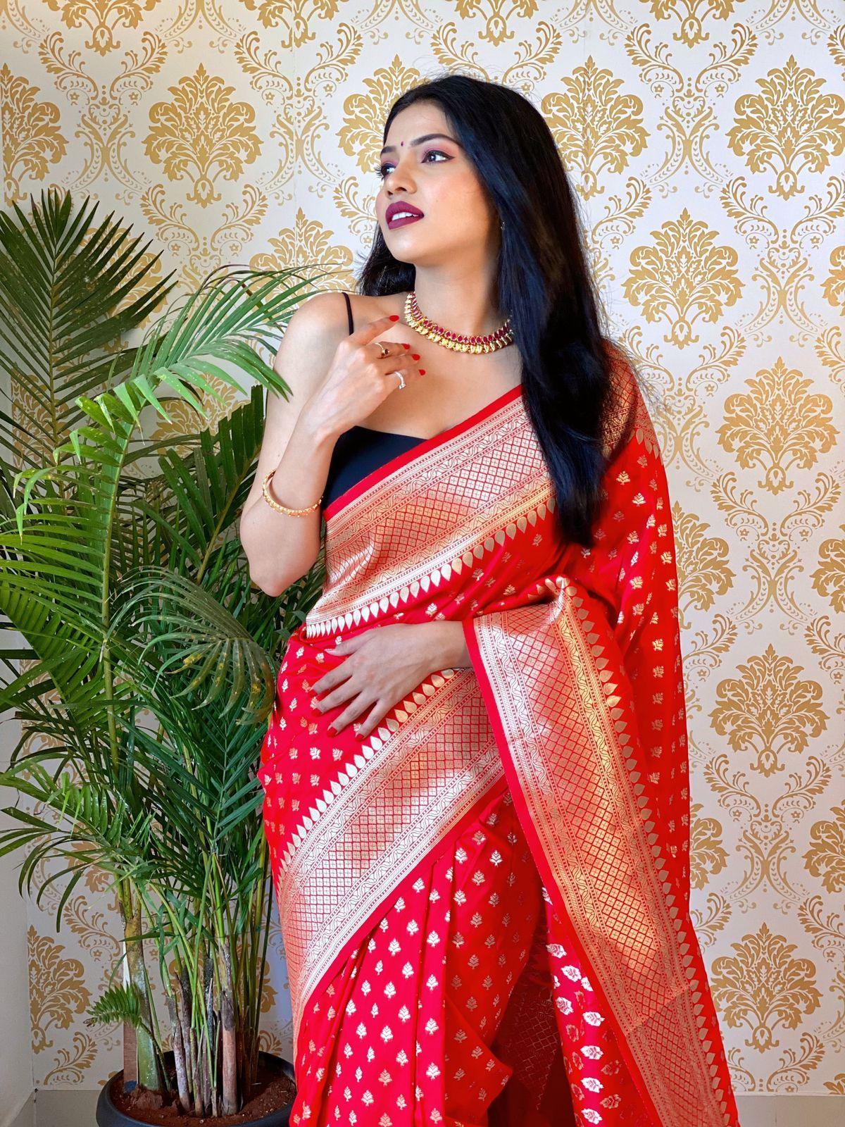 Crimson Allure: Red Bindi Saree for Radiant Elegance - Outfit Odessey