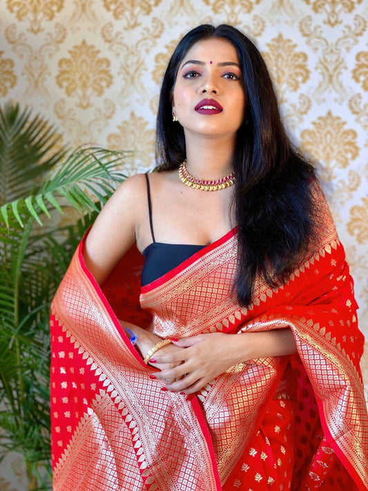 Crimson Allure: Red Bindi Saree for Radiant Elegance - Outfit Odessey