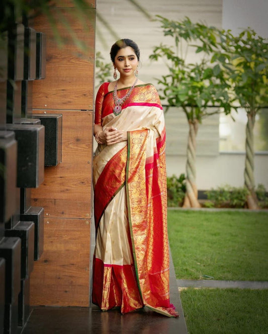 Cream and Red Banarasi Silk Saree, Indian Traditional Women's Saree